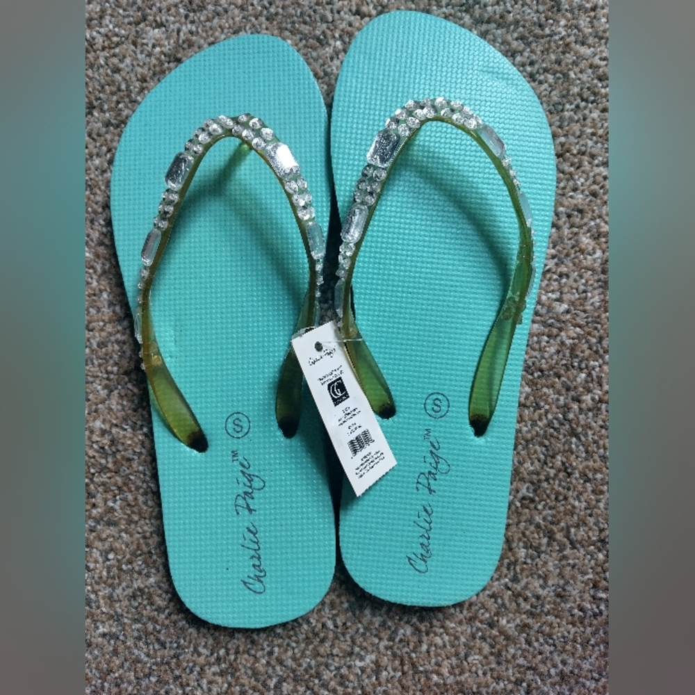 Charlie Paige Blue and Green Sandals with Rhinestone Accents